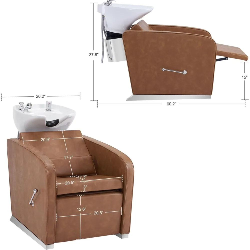 Sillón de pedicura. Silla de estación de champú para retrolavado, estación de unidad de fregadero de tazón de lavado de cabello de cerámica de porcelana ajustable, reclinable