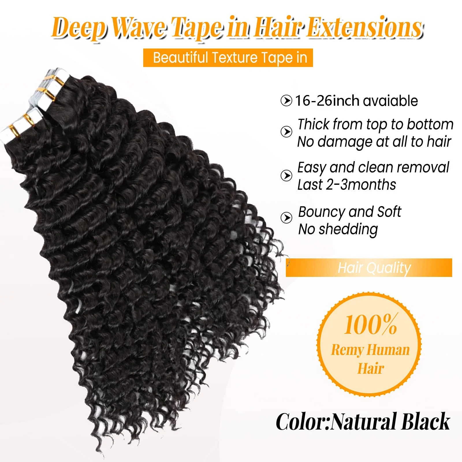 Tape In Deep Wave Extensions 100% Human Hair Brazilian Curly Tape in Hair Extensions Natural Black Color #1B Salon High Quality