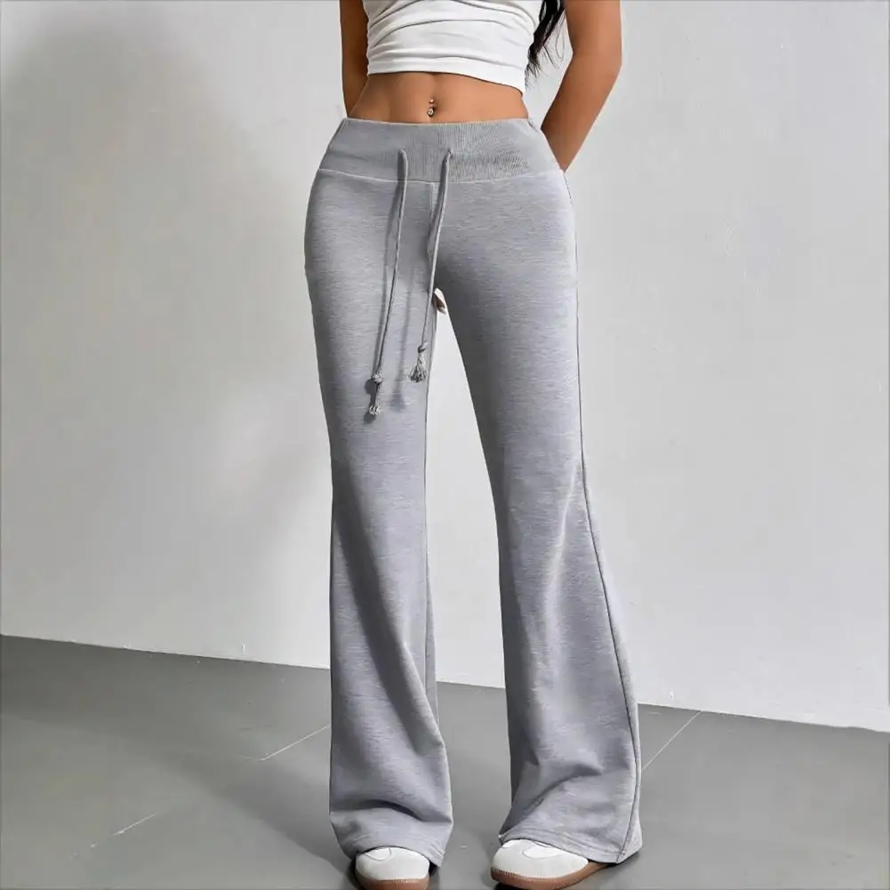 

Women Flared Pants Elastic High Waist Adjustable Drawstring Long Trousers Solid Color Design Comfortable Casual Bottoms