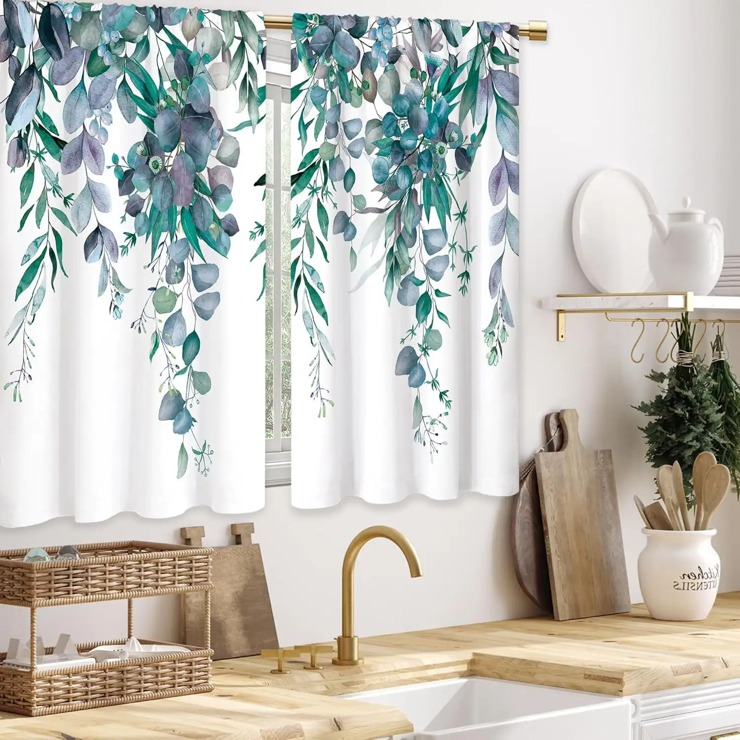 2pcs Curtains Peach Skin Polyester Navy Eucalyptus Botanical Blue Leaves Rustic Floral Short Cafe Kitchen Bathroom Drapes