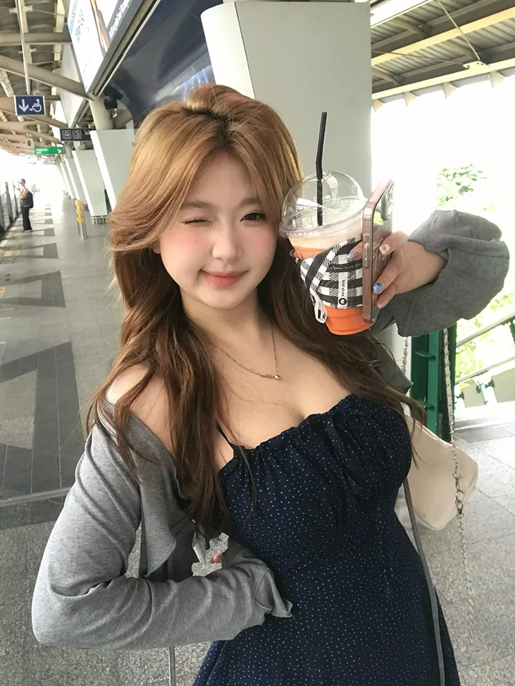 Polka Dot A-Line Dr Women's Cover up Slimming Summer Faion Set Long Sve off oulder Gingham Print Casual Outfit