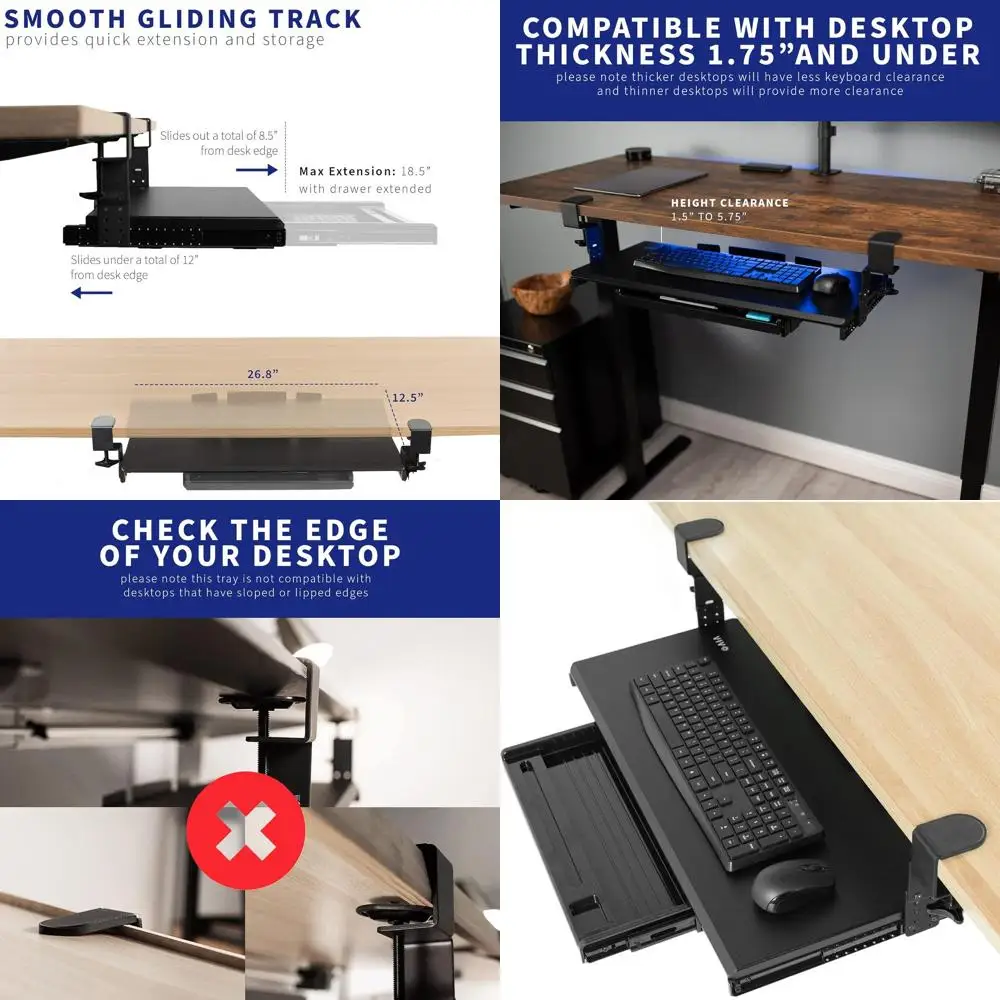 

Adjustable Clamp-on Keyboard Tray with Pull-Out Platform, 27 x 11 Storage Drawer, Black