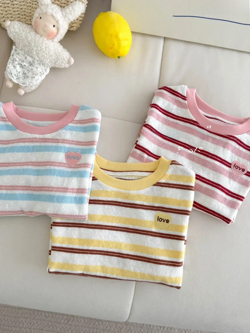 Cseta de manga corta de verano para niñas, csa básica de media manga a rayas bordadas, Top de seda versátil y e,...