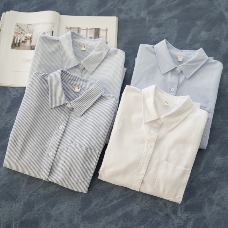 

Высококачественная женская блузка из 100% хлопка, рубашка, оксфордские блузки в полоску, белая рубашка, школьная рубашка, свежие однотонные синие рубашки