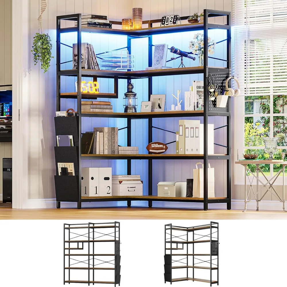 

5-Tier Corner Bookshelf, Convertible Book Shelf with Storage or 63" W Bookcase, Tall Bookshelf with Pegboard, Storage Bag