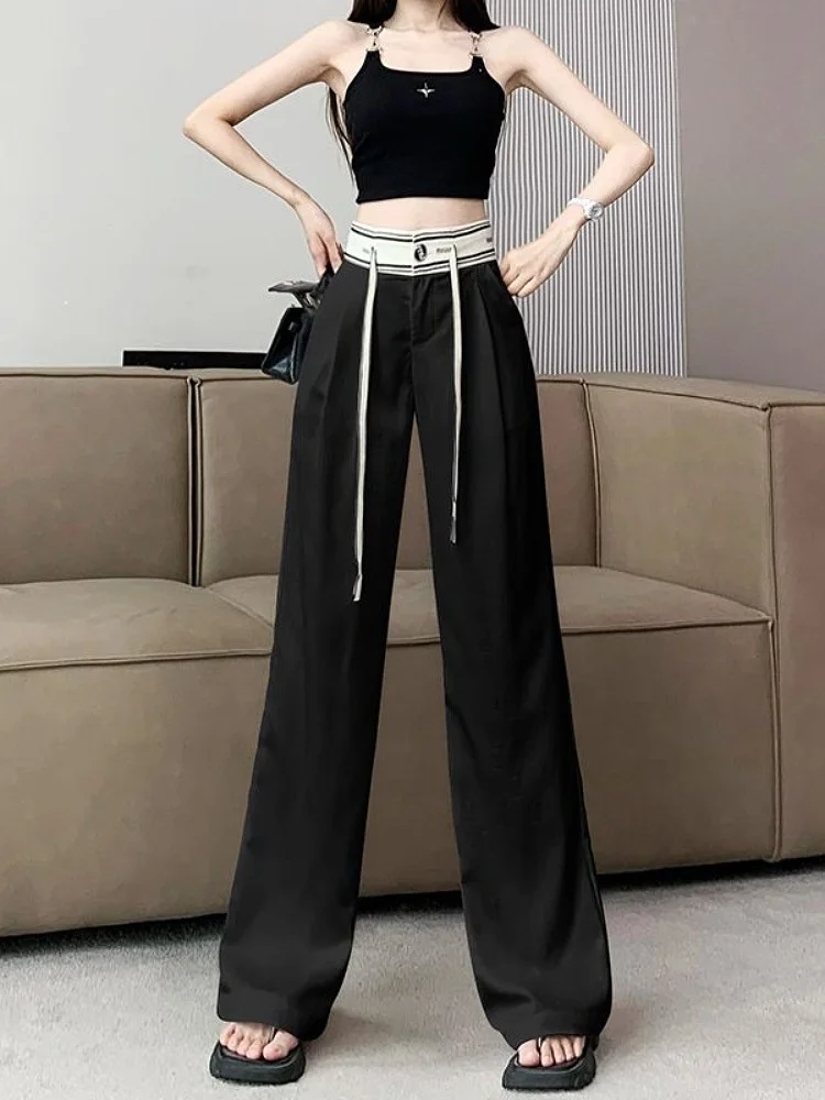 

Женские летние брюки с высокой талией и широкими штанинами, новые, из ацетатного атласа, с цветными вставками, на шнурке, в пол, повседневные, свободного кроя