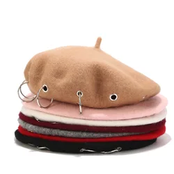Women Solid Felt wool blend Berets With Rings Punk Style Painer Berets Cap Autumn Winter Caps Female