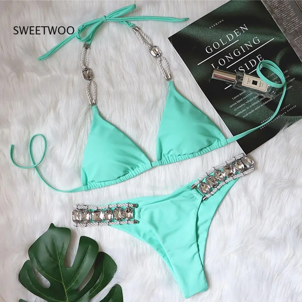

2025 Summer New Women's Sexy Crystal Diamond Bikini Solid Color Strap Backless Two-Piece Set Swimsuit for Holiday
