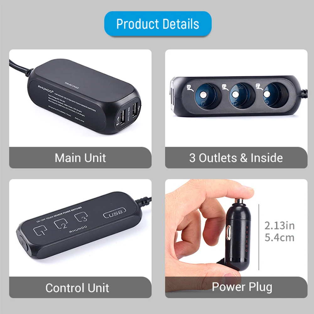 Enchufe de encendedor de cigarrillos de coche de 12V, divisor de 3 vías, cargador de montaje USB Dual para coche con Interruptor táctil, accesorios adaptadores de carga rápida