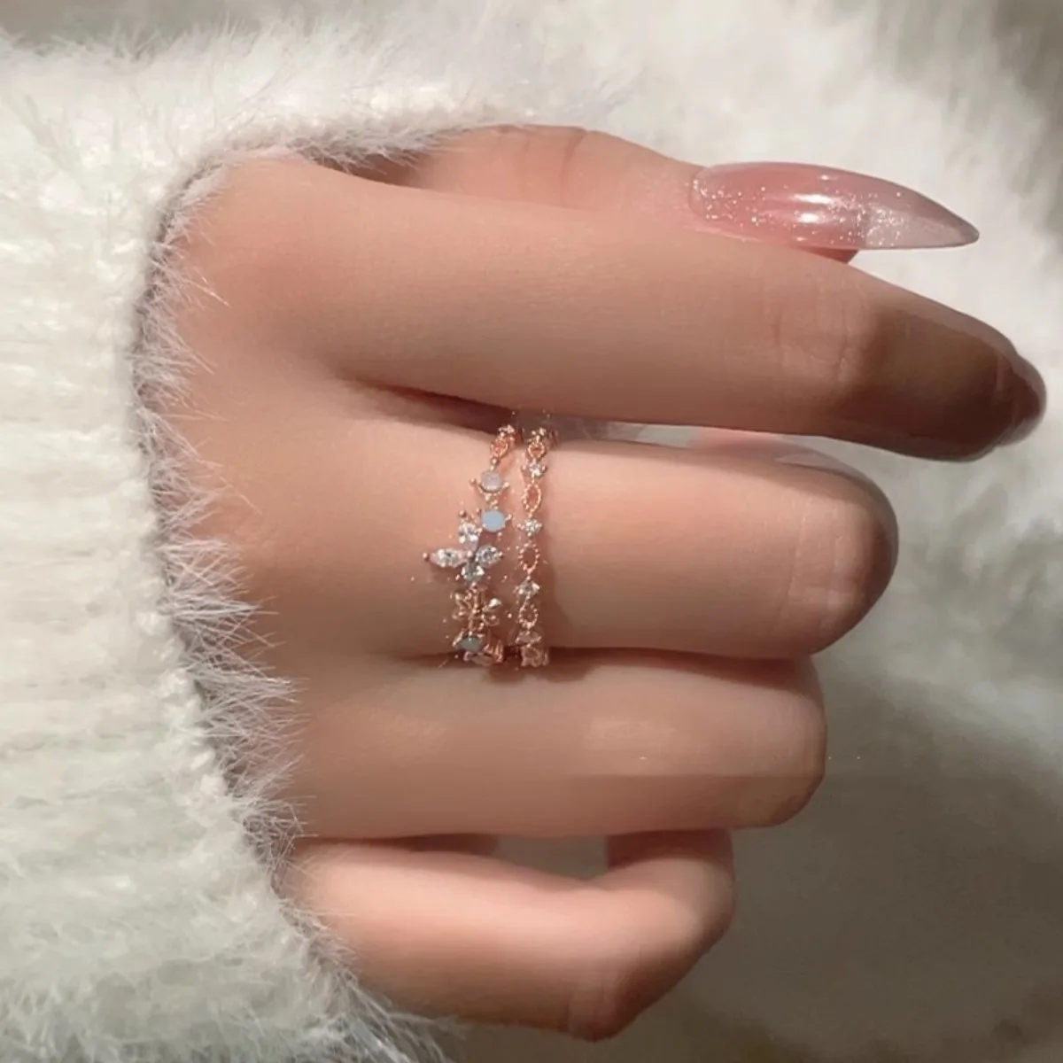 خاتم الزركون على شكل فراشة قابل للتعديل، خواتم من الفولاذ المقاوم للصدأ بطبقة مزدوجة مجوهرات لطيفة باللون الذهبي الوردي للنساء، فكرة هدية أفضل صديق