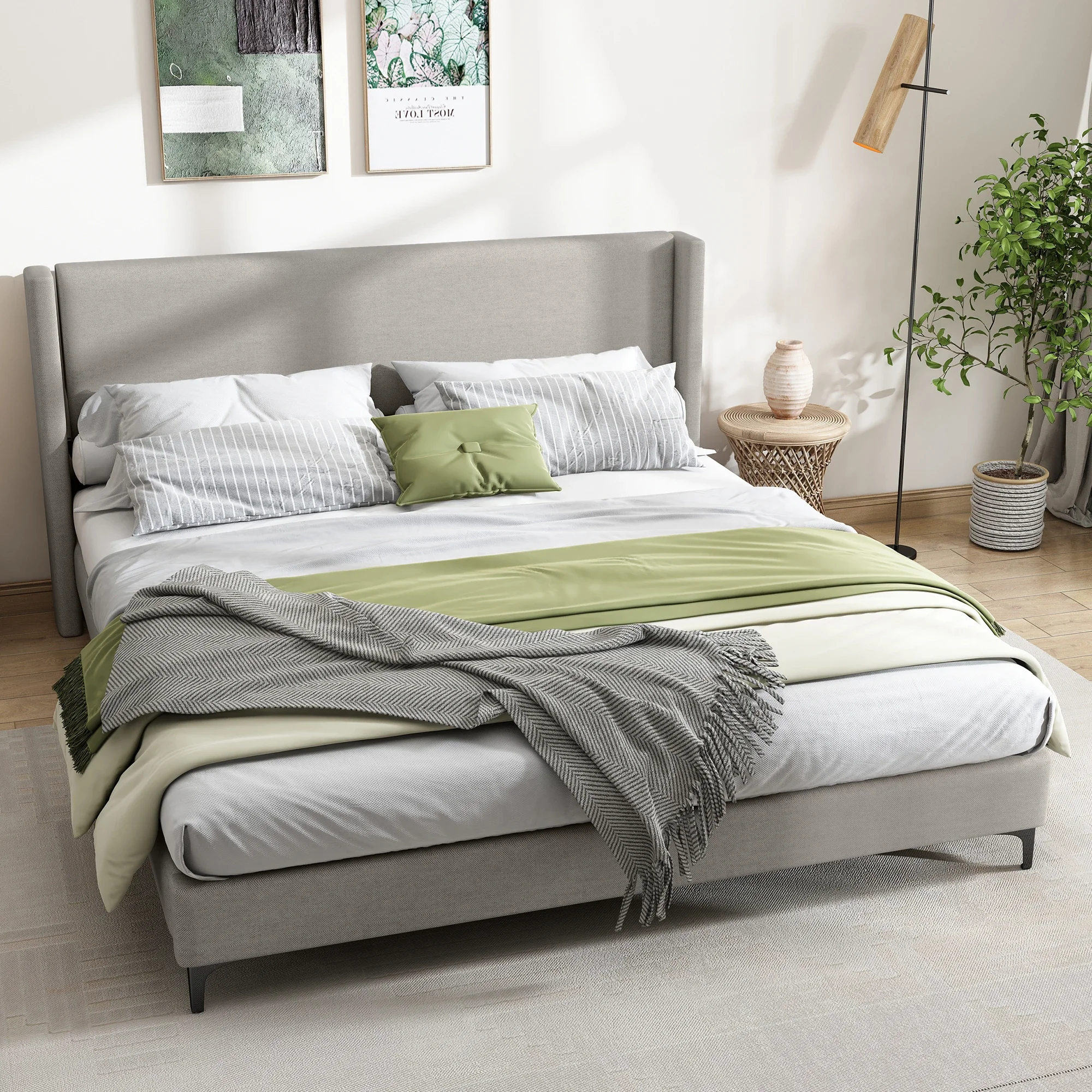 VSOGA Upholstered Bed, Double Bed, Bed With Slatted Frame, High Headboard, Upholstered Headboard, 180 X 200cm, Linen, Grey