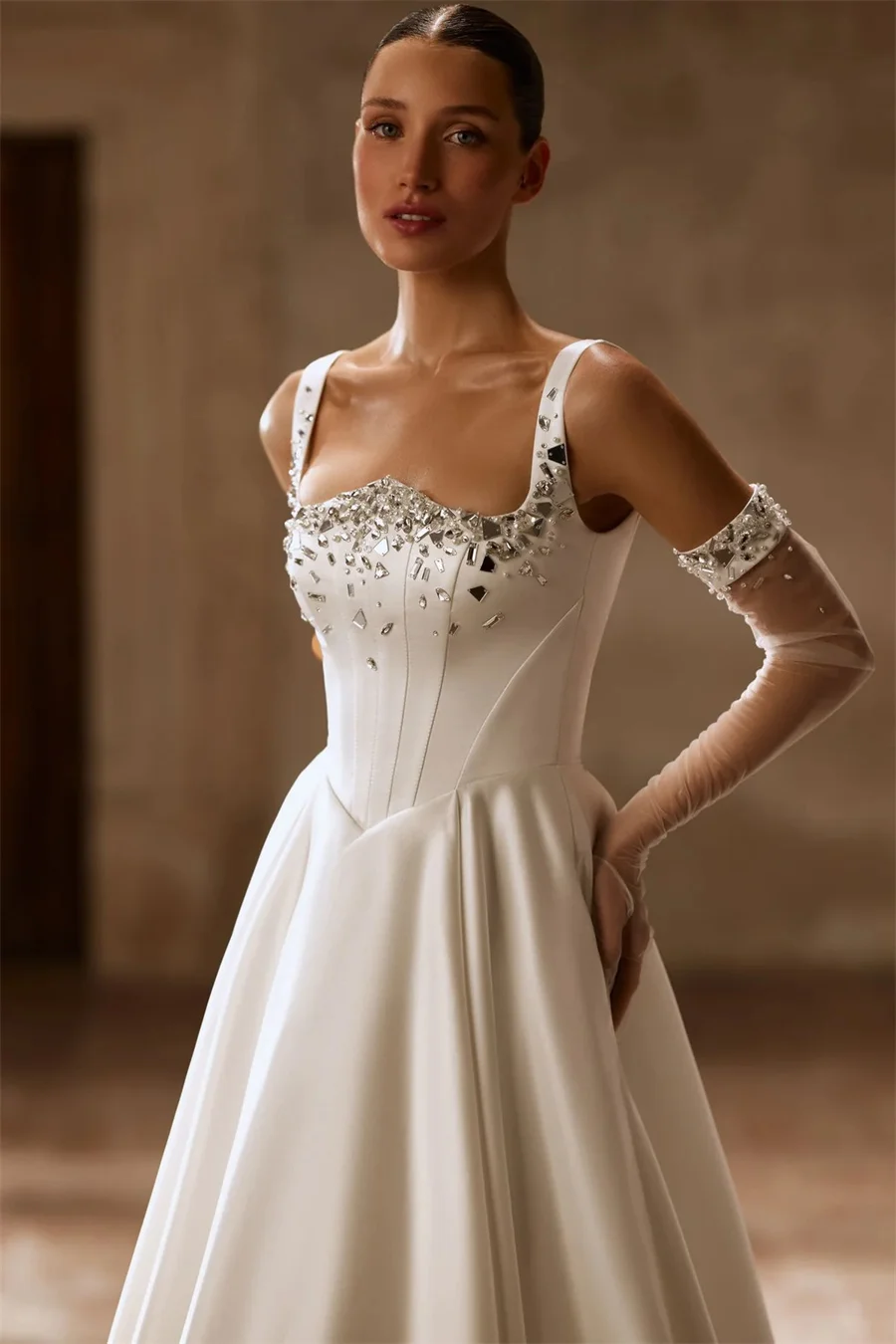 Customized Off-Shoulder Sleeveless A-line Satin Wedding Dress Backless Zipper Bridal Gown  vestidos de novia