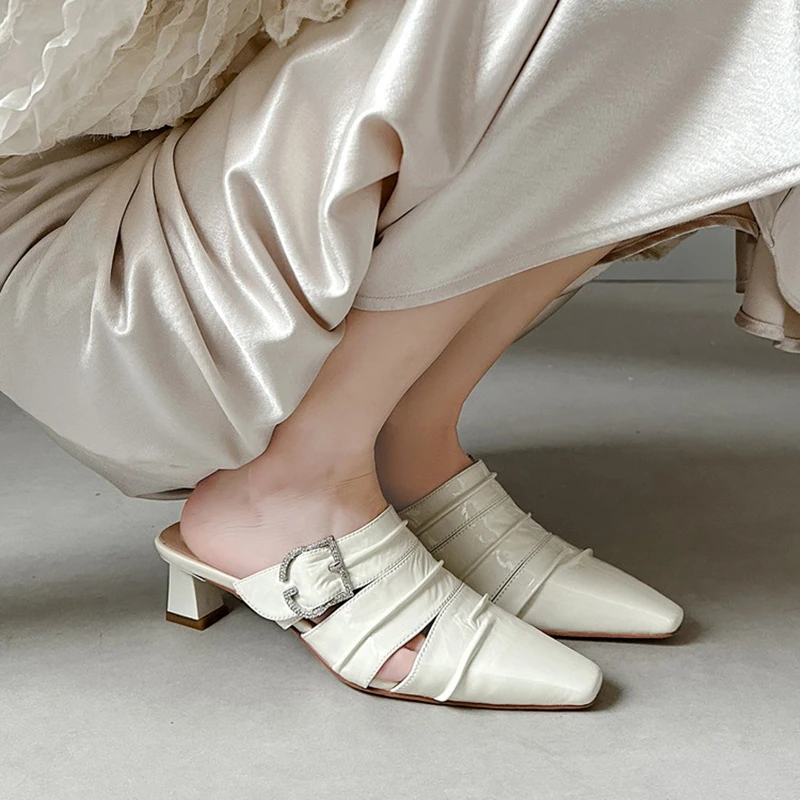NEW Summer Women Mules Genuine Leather Shoes for Women Square Toe High Heel Shoes Cover Toe Belt Buckle Slippers Pleated Shoes