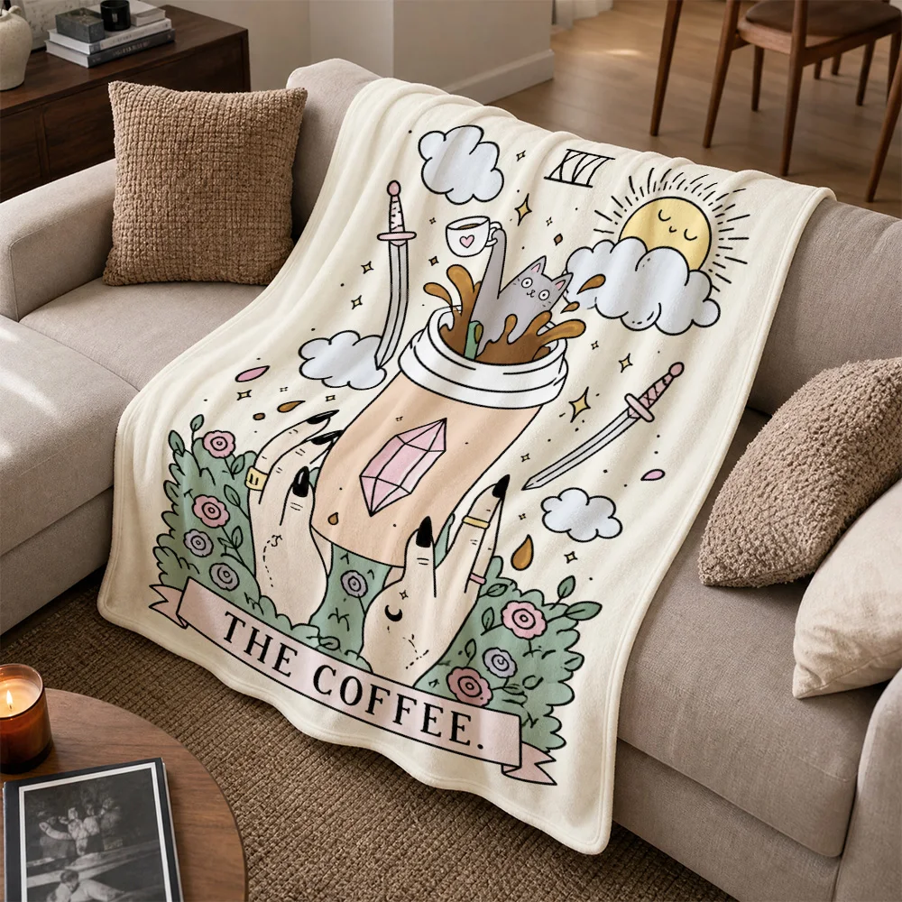 Whimsical Coffee Cat Throw Blanket for Sofa Cozy Decor Gift Boho Chic Lap Shawl Autumn Winter Home Accessory