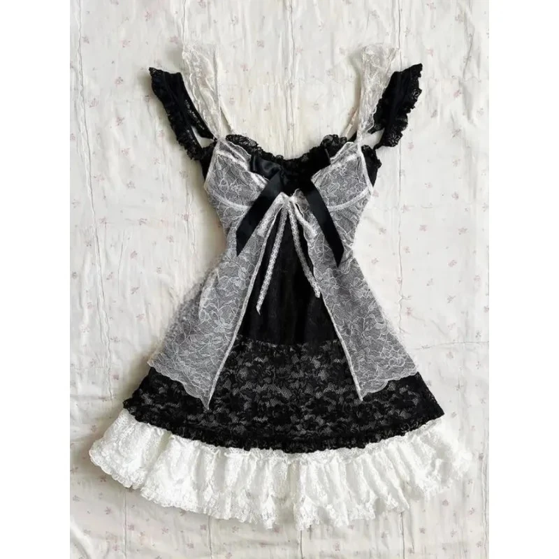 الصيف النمط الياباني Kawaii لوليتا فستان المرأة خمر الحلو مقوس دانتيل الكشكشة كعكة فساتين Harajuku Y2k سليم ضمادة فستان