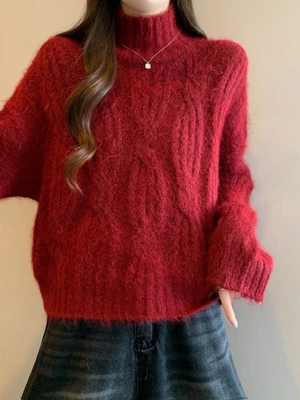 Red High Collar Twist Knitted Sweater Women's plus Size Winter Fashion Commute Style Large Code Fat MM Cashmere Top