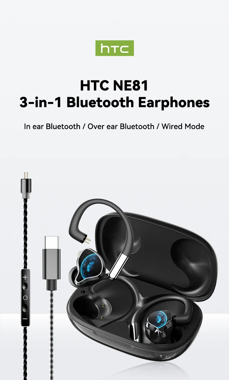 HTC NE81 Kabellose Kopfhörer Lange Akkulaufzeit 3-in-1 Kabelgebunden Umschaltbar zu Bluetooth-Ohrhörern HIFI-Klangqualität Geeignet für den Täglichen Gebrauch – Detail 1