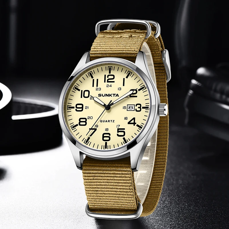 

Sunkta Outdoor Man Watch Fashion Simple Dial Casual Sports Auto Date Nylon Strap Waterproof Luminous Quartz Watches Wristwatches