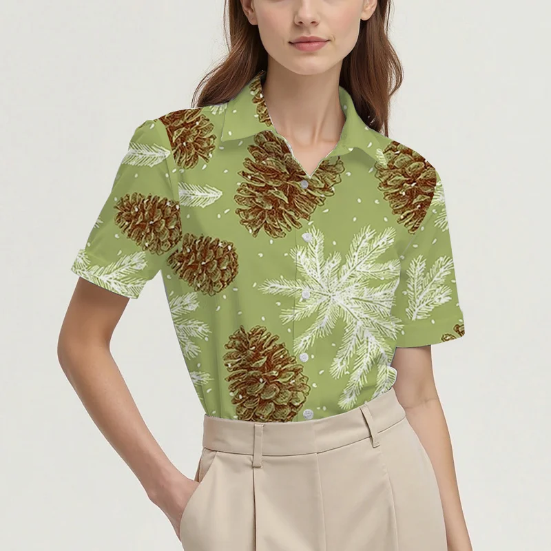 Christmas Snowflake and Christmas Tree Print Women's Regular Short-Sleeve Shirt, Simple and Stylish for Everyday Wear