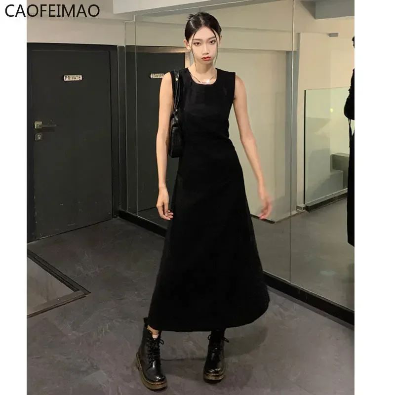 

Sleeveless Dress Women Black Vintage Gothic Minimalist Chic Fashion Streetwear Temperament Bandage Ins Elegant College Summer