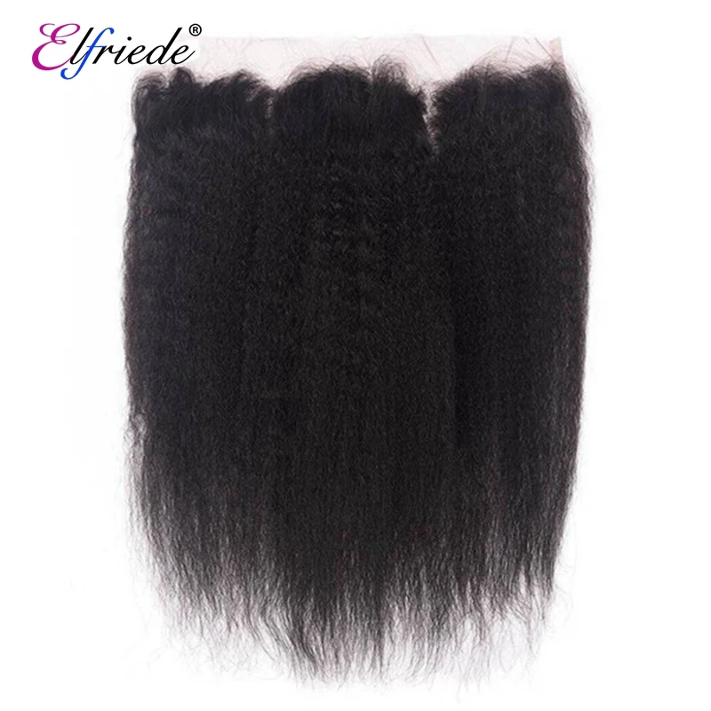 Elfriede Natural Black Kinky Straight Bundles with Frontal 100% Human Hair Weaves 3 Bundles with 13x4 Transparent Lace Frontal