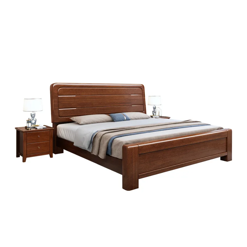 

New Chinese style, pure solid wood, simple, master bedroom big bed, small apartment, bedroom, light luxury, walnut bed
