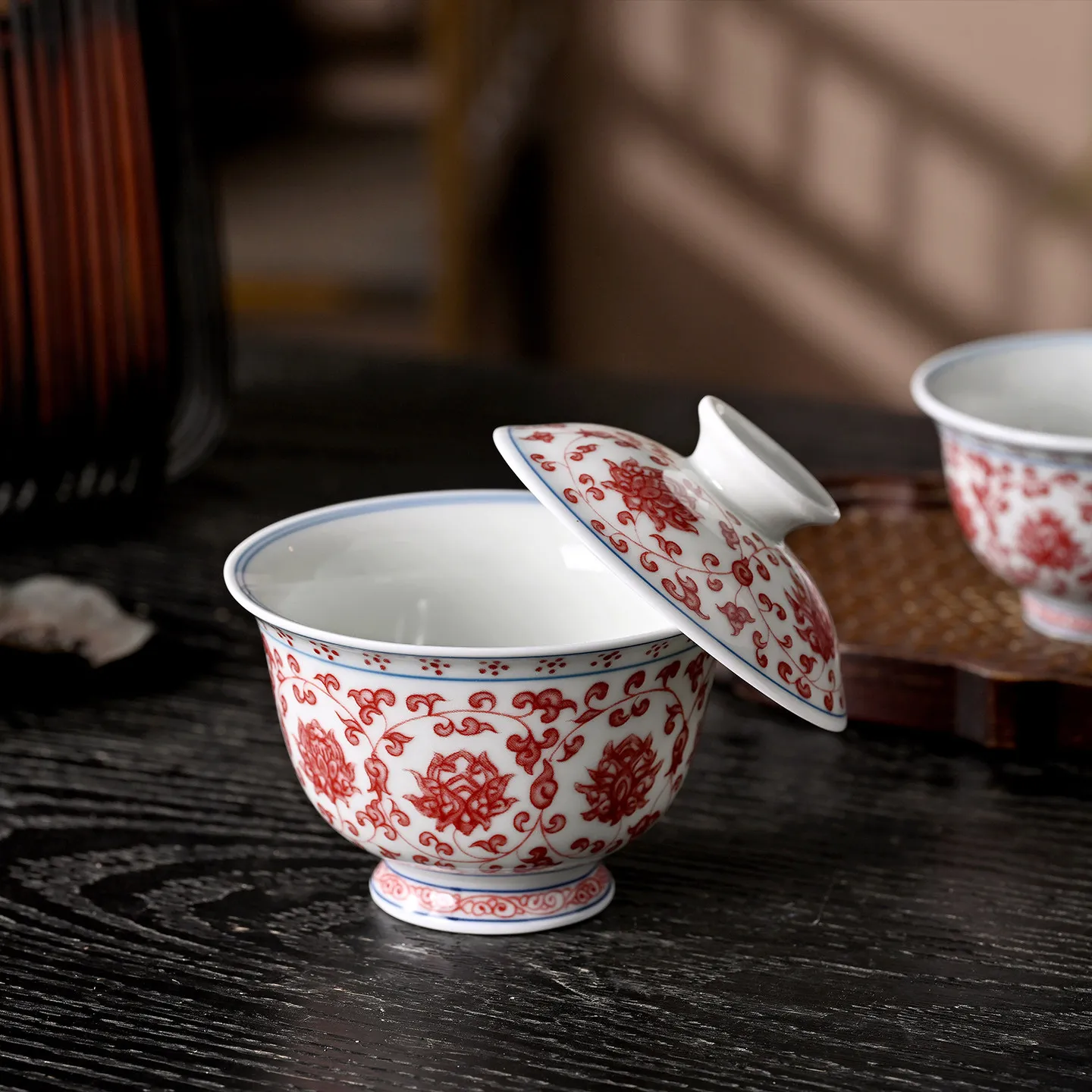 High-End Jingdezhen Yongle Red Interlock Branch Hover Two Tureen Not Hot Tea Brewing Bowl Household Ceramic Cup Single