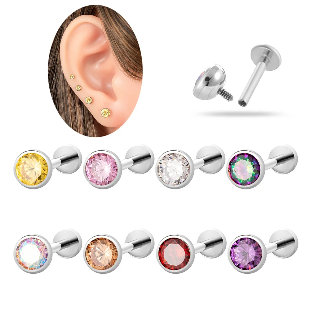 10Pcs G23 Titanium 16G Cubic Zircon Internally Threaded Ear Stud Flat Back Labret Cartilage Tragus Stud Helix Piercing Jewelry