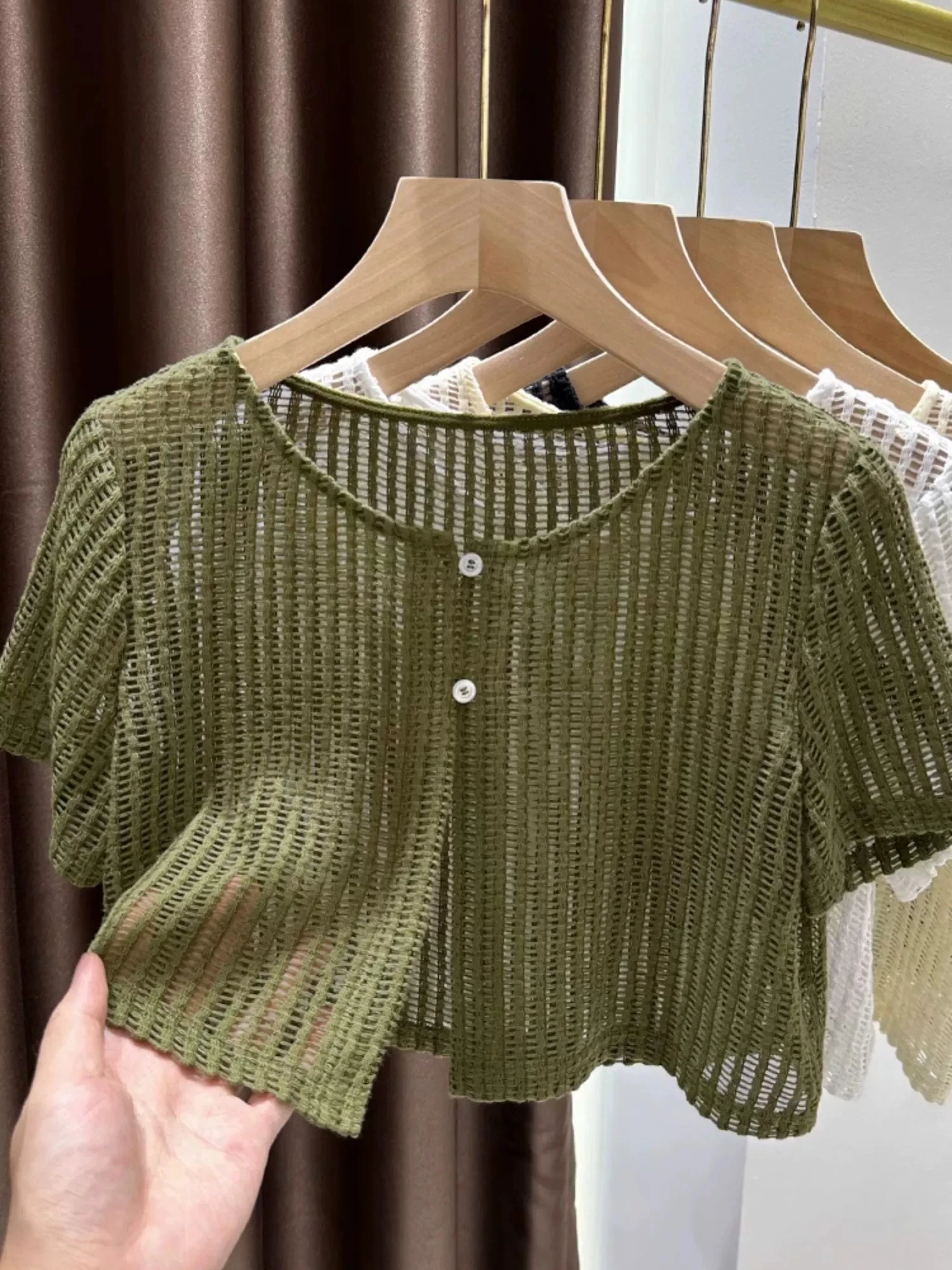 

Легкая вязаная накидка-туника с коротким рукавом для женщин, летняя, винтажная, ажурная, дышащая, солнцезащитная, в корейском стиле