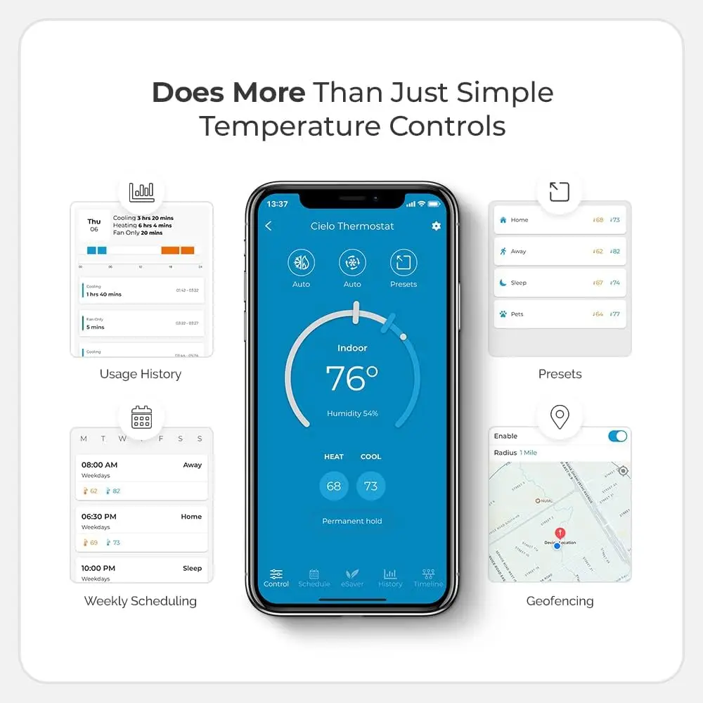 Termostato |   Suporta sistemas convencionais de até (2H/2C) e bombas de calor (4H/2C) |   Alexa, Google, atalhos Siri, inteligentes