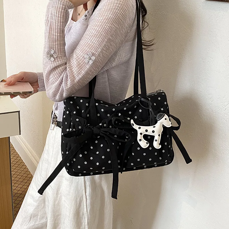 New Fashion Polka Dot Tote Bag Women Bow Design Large Capacity Folding Shoulder Pillow Bag Korean Cute Style Ins Handbag