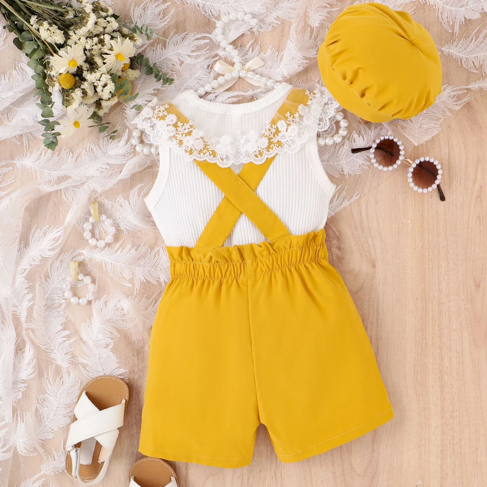 3 4 5 6 7 Years Children's Girls Summer Suits Lace Collar Undershirt Tops+Straps Shorts+Beret 3Pcs Outfits Kids Girls Clothing