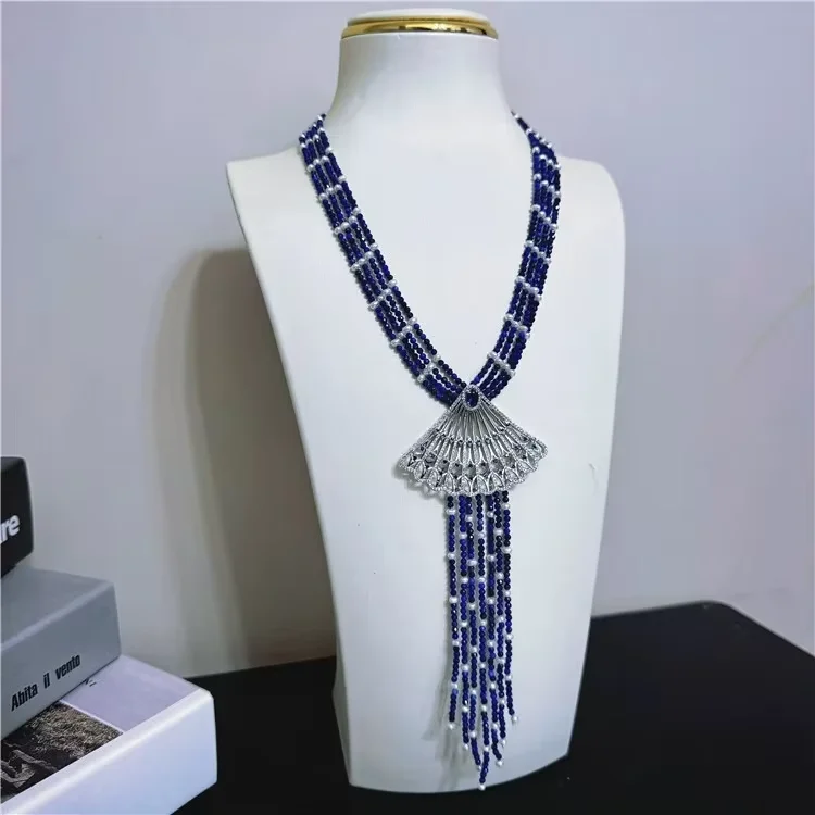 Natural lapis lazuli inlaid with small pearl necklace CZ Pendent