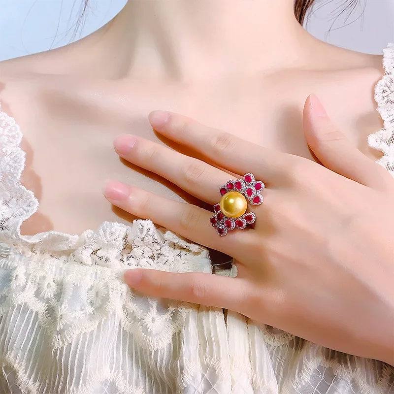 

Adjustable Floral Pearl Ring for Women Elegant Pink Water Drop Gem Petals with Yellow Gray White Pearls Exquisite Design Jewelry