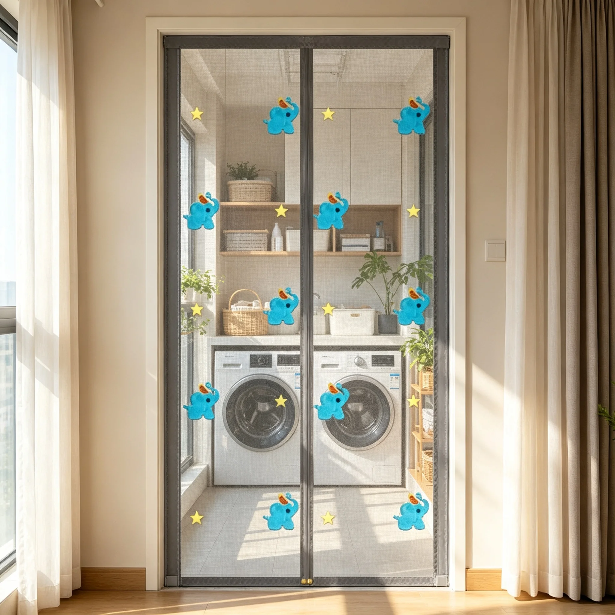 Self-Adhesive Magnetic Screen Door, Embroidered Little Elephant Door Curtain - Breathable And Mosquito-Proof, Home Decor