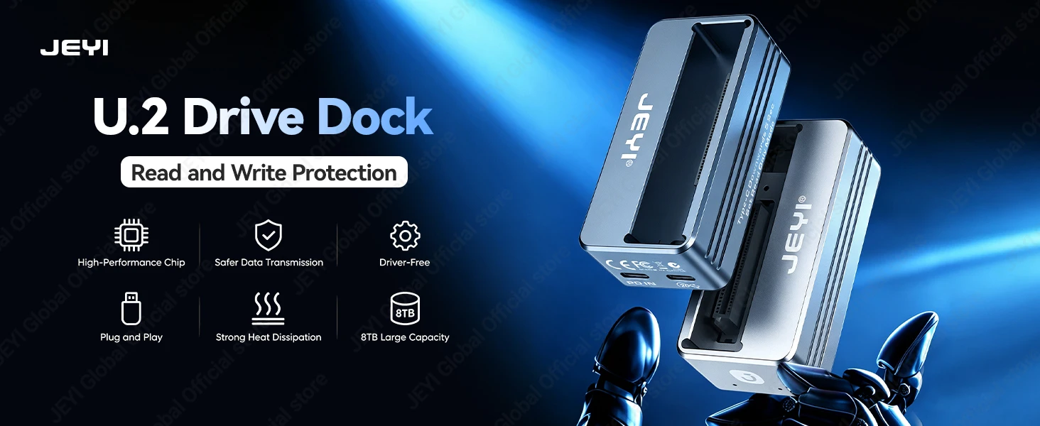 JEYI U.2/U.3 Laufwerksdockingstation NVMe/SATA Dual-Protokoll für 2,5"/3,5" HDD/SSD SFF-8639 Externer Leser mit Lese-/Schreibschutz – Detail 1