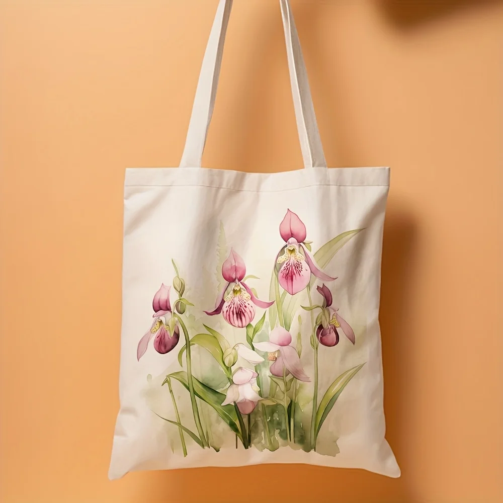 

A Pink orchid pattern print canvas tote bag, suitable for daily use, shopping, school, and travel