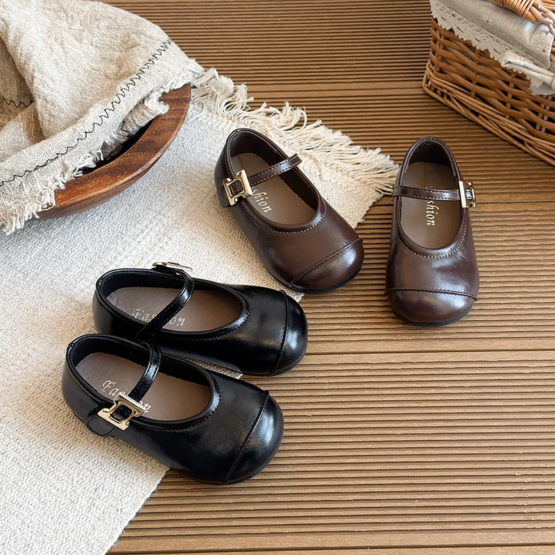 

Spring Autumn New Girls PU Leather Shoes Black Soft-soled Baby Loafer Children Retro Princess Shoes
