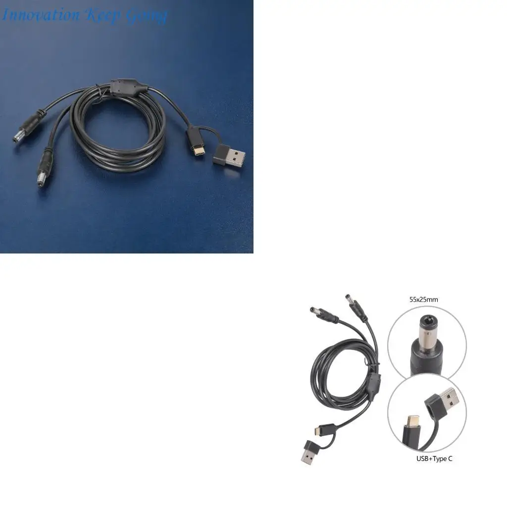 E65C 5V 3A Power Adapter Cable With USB A And Type C To Double DC5.5x2.5mm Connector Detail For Speaker Fan Camera