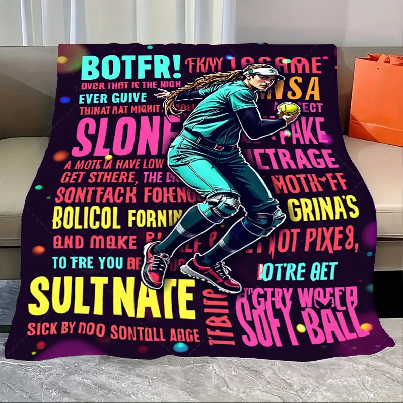 

1pc Flannel Blanket "Softball Player Graphic Blanket - Bold Text & Sporty Design for Fans"