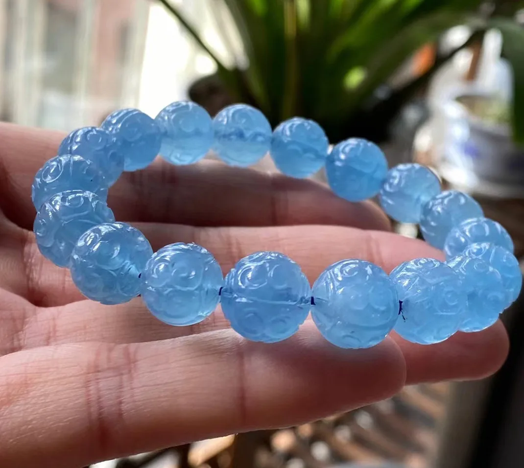 Natural Blue Aquamarine Carved Clear Beads Bracelet Women Men 12mm Stretch Brazil Aquamarine Bracelet Jewelry AAAAAA