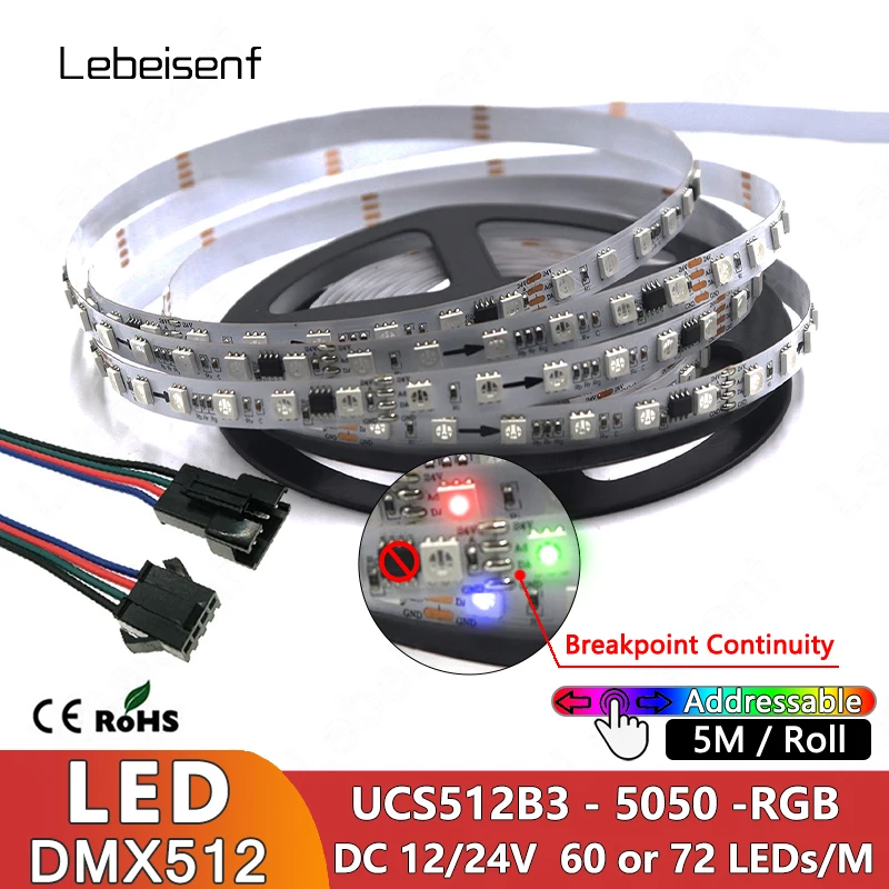 

LED Full Color Flex Pixel Light Strip SMD 5050 RGB External IC UCS512B3 Breakpoint Continuity DC 12V 24V 30 60 LEDs/M 5m DMX512