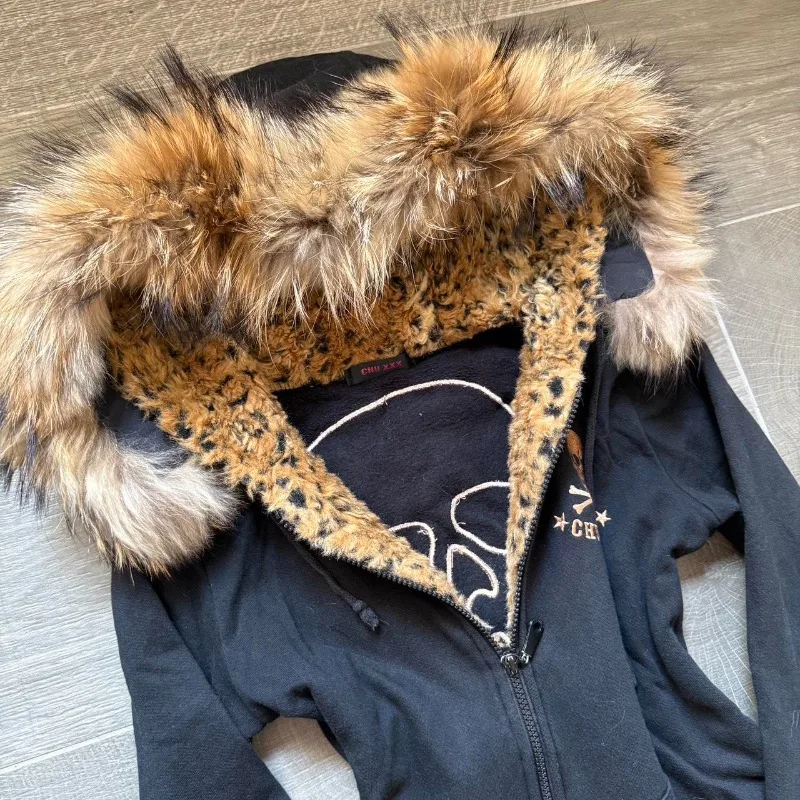 Harajuku New Fashion Skull Embroidery Plus Velvet Padded Casual Joker Y2K  Vintage Popular Hip Hop Couples Fur Collar Coat Tops