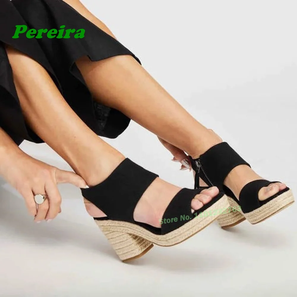 

Espadrilles Peep Toe Sandals Chunky Heels Platform Side Zipper Women's Sandals Slingback Canvas Patchwork Hollow Out Beach Shoes