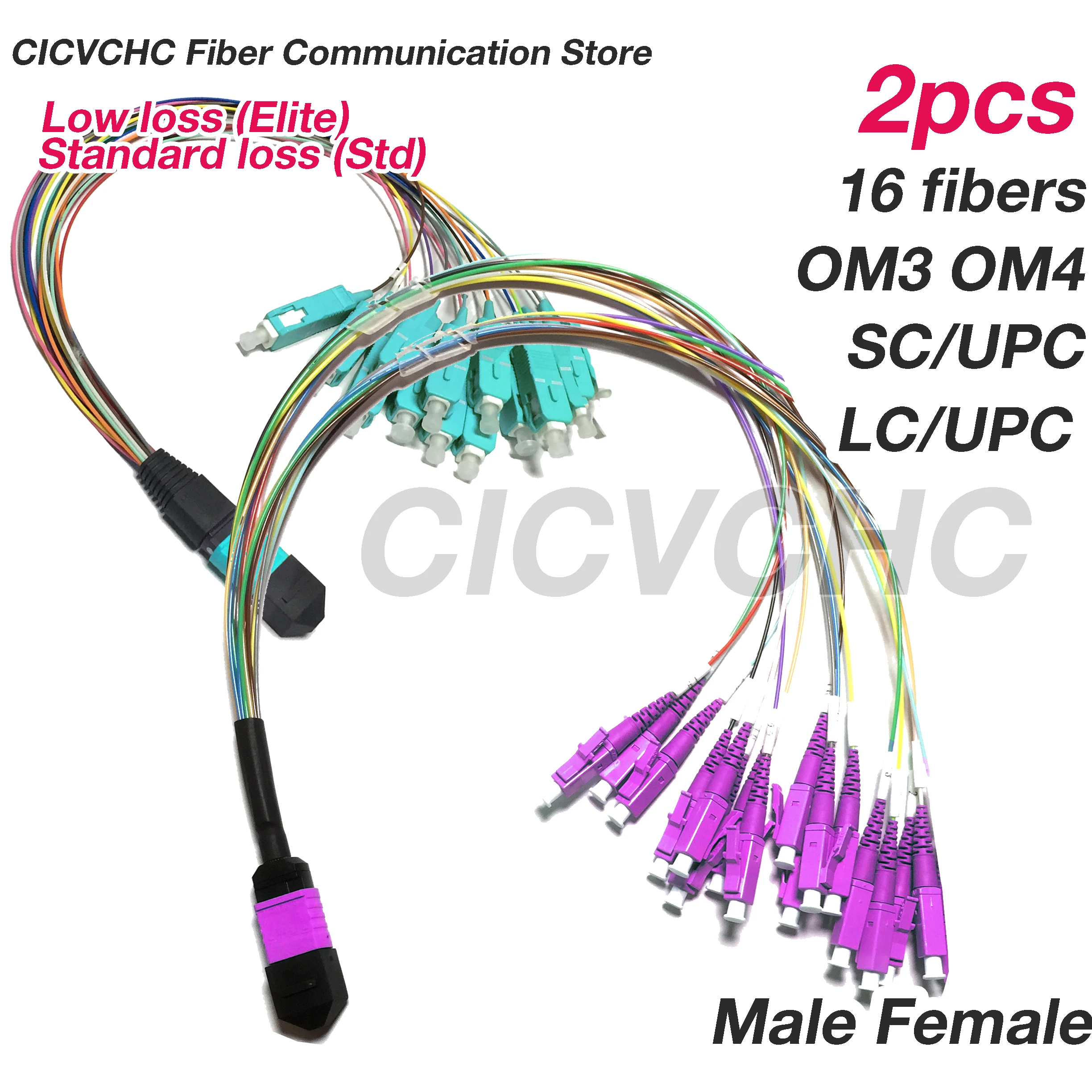 

2pcs 16 Fibers MPO/UPC - SCUPC LCUPC-Harness cable-MM OM4-0.35m 0.9mm colored tube-Elite/Low Loss-Male/Female