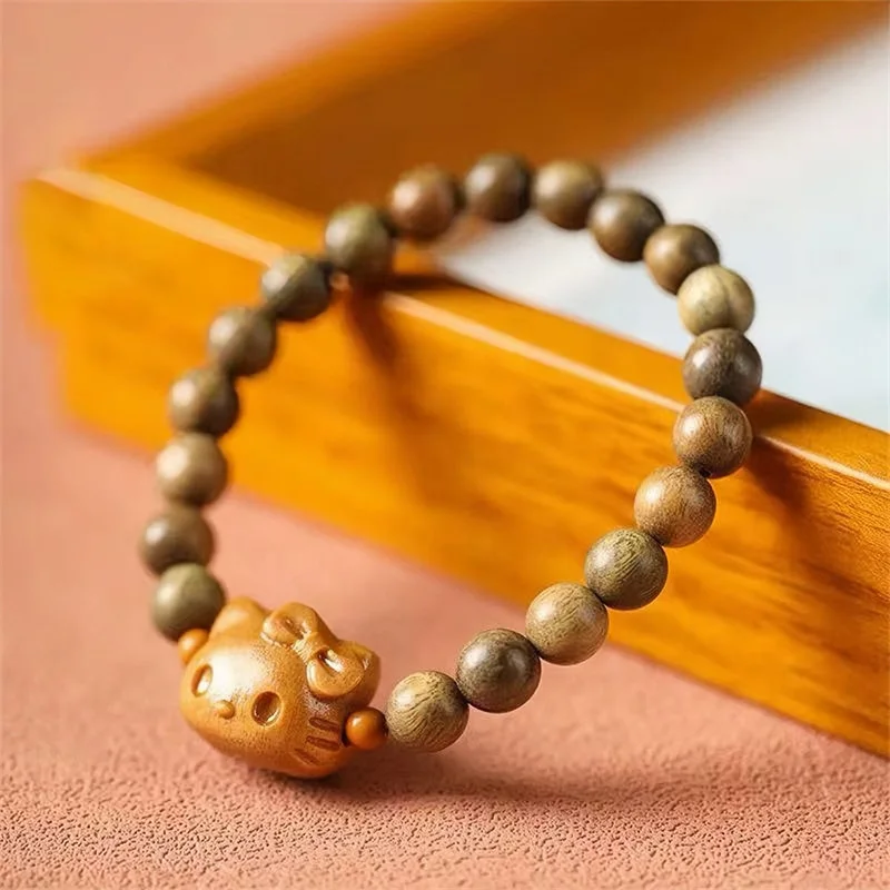 Original Hello Kittys Wood Bracelet Cute Sanrio Handmade Compilation Sandalwood Prayer Beads Couple Bracelet Toys for Girl Gifts