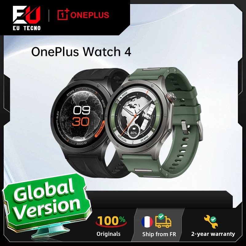 Version internationale de la montre connectée OnePlus Watch 4, écran de 1,5 pouces, Wear OS by Google, processeur Snapdragon W5, autonomie jusqu'à 16 jours, Google Wallet