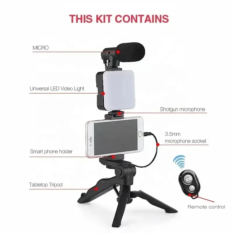 Kit per vlogging per smartphone con supporto per telefono treppiede Mini microfono Avviatore per luce di riempimento a LED per TikTok Live Stream