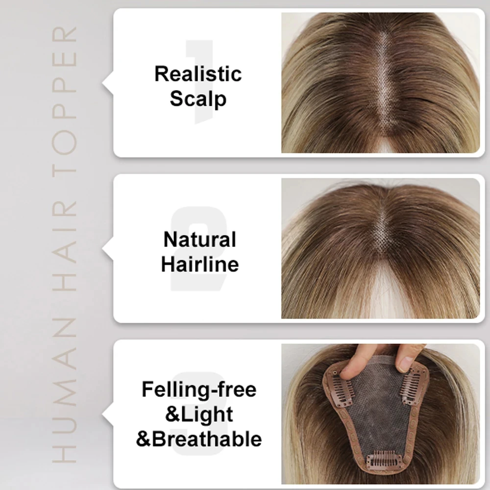 Light Brown Blonde Ombre 12 Inch Human Hair Toppers Lace Base Clip In Hairpiece for Women 100% Remy Human Hair Extensions image 6