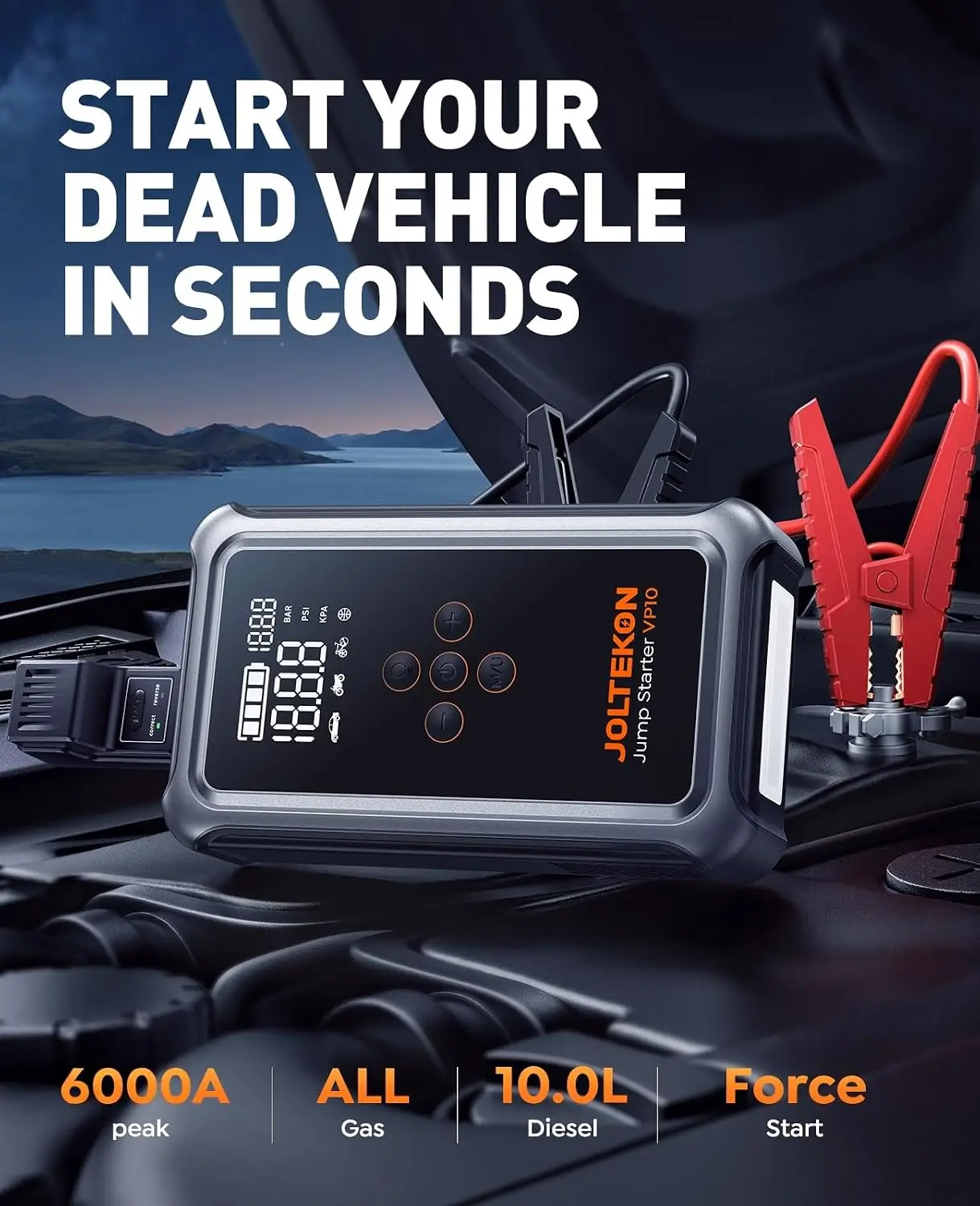 6000A Car Battery Jump Starter with Air Compressor, 150PSI Portable Jump Box for All Gas and up to 10L Diesel Engines, Auto-Shutoff Tire Inflator, Jumper Cables and Light